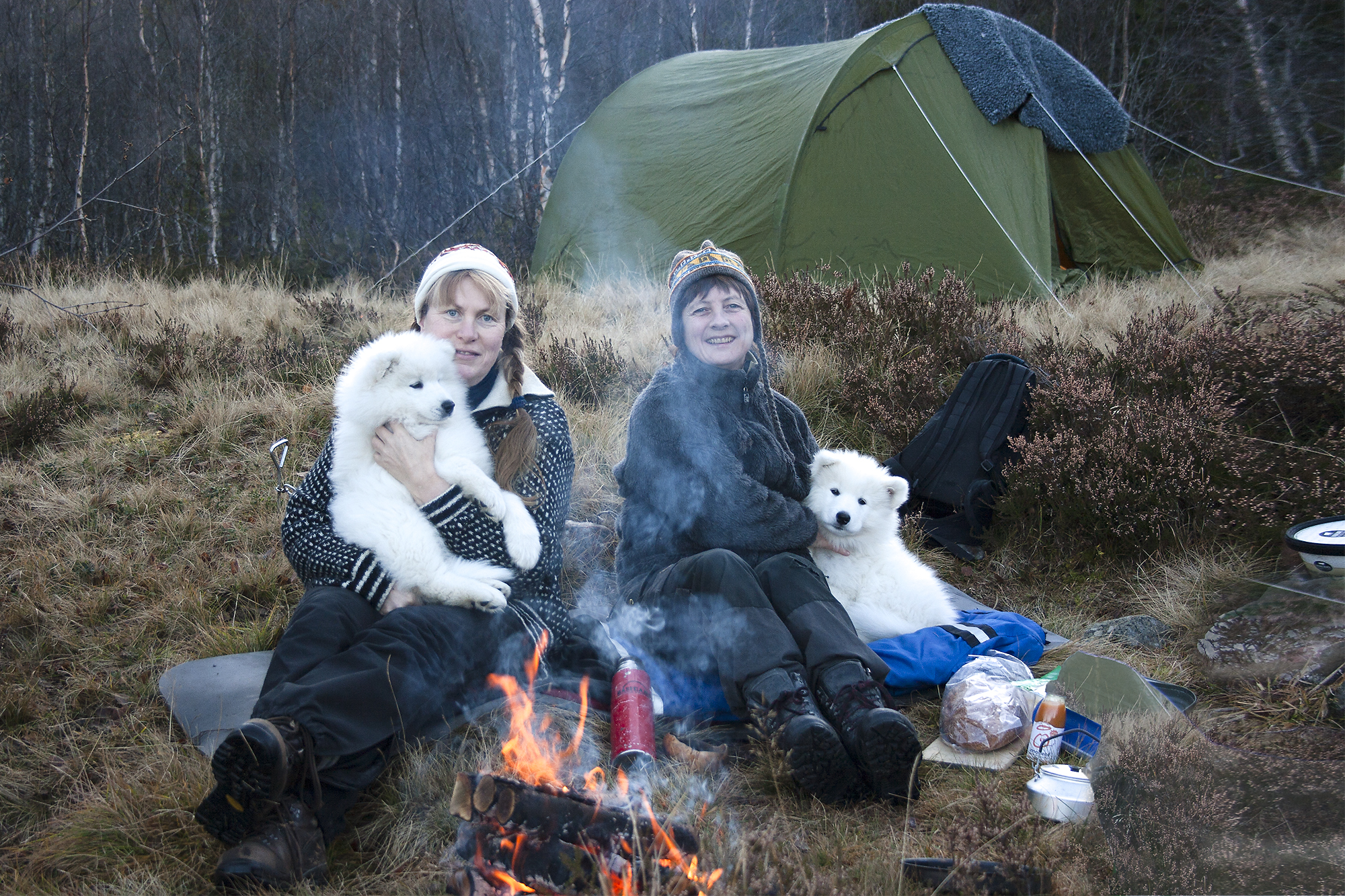 To kvinner med hver sin samojedvalp sitter ved bålet. Et telt i bakgrunnen.