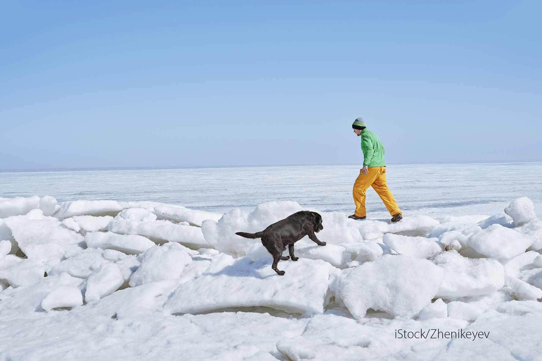 Mann og hund går i isblokker